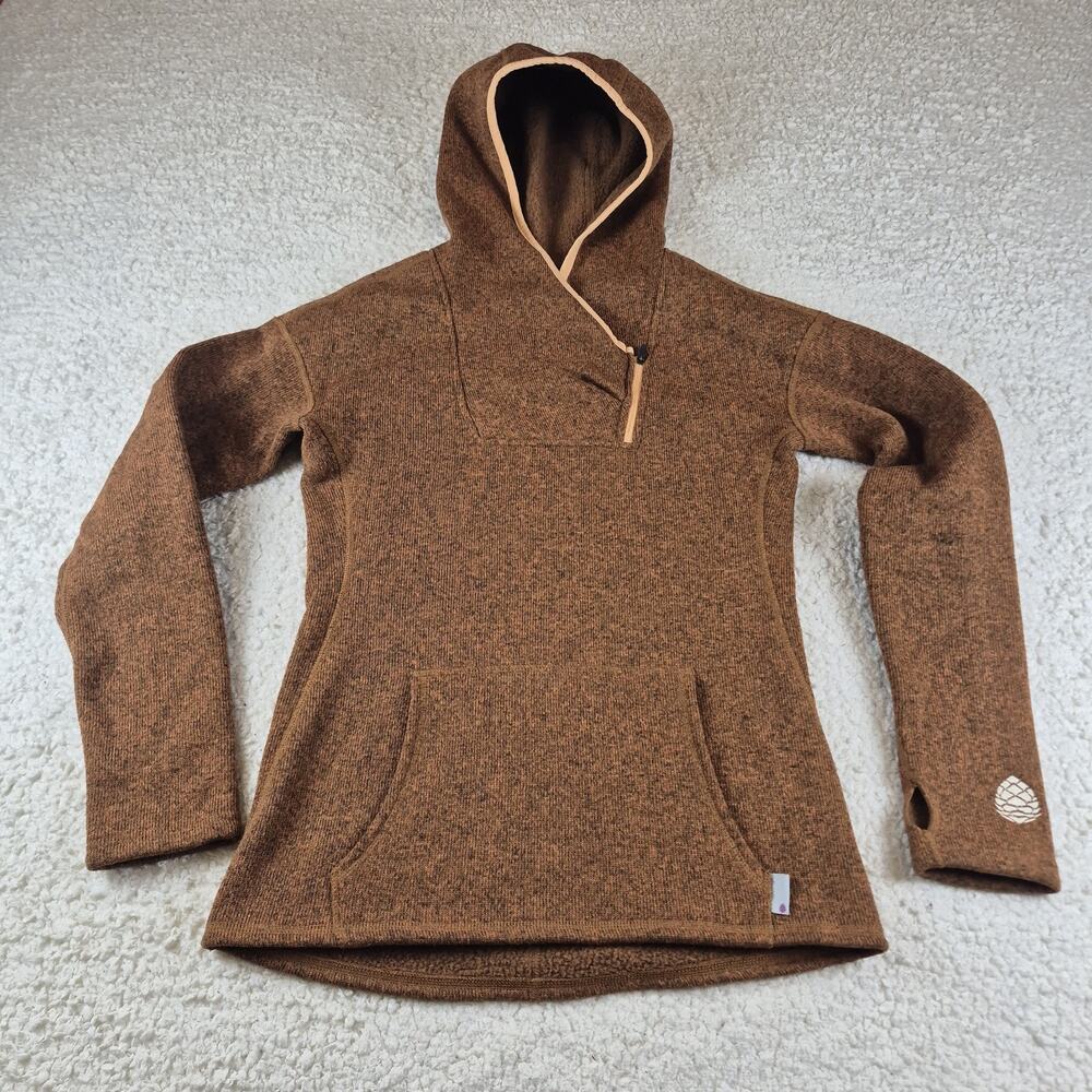 Stio Womens XS Hooded Pullover Fleece Sweater Brown Thumbholes Outdoor Defects